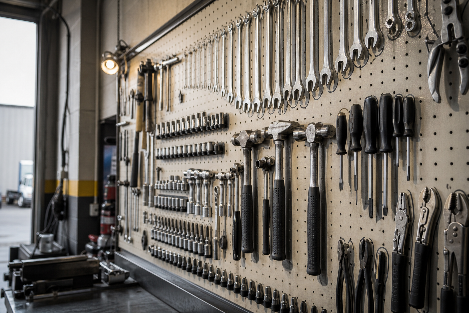 Organized pegboard wall of mechanic hand tools